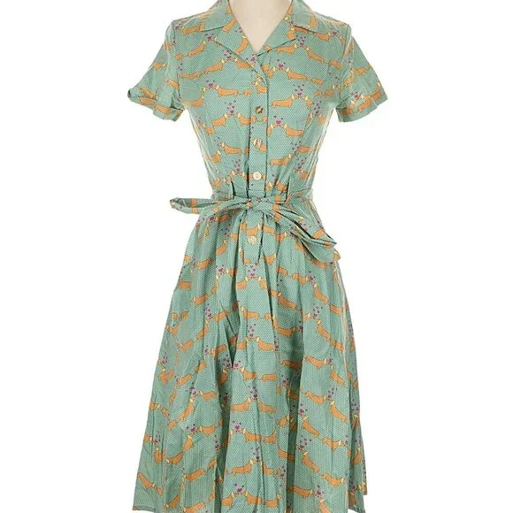 Modcloth Green Dachshund Print Puppy Love Shirt Dress - Picture 3 of 6